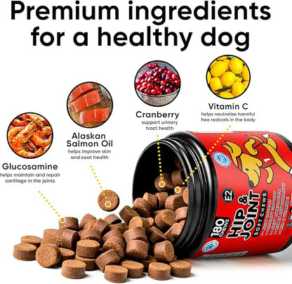 Hip & Joint Supplement for Dogs - Dog Treats with Glucosamine Chondroitin & Hyaluronic Acid - Chews for Mobility Support - Pain and Inflammation Relief - Tasty Dog Supplements for Comfort - 180 Count