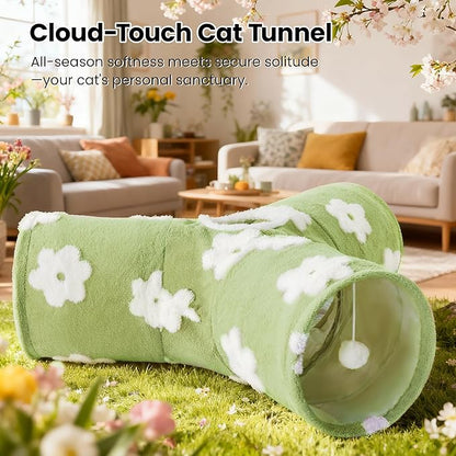 Tempcore Flannel Pet Cat Tunnel Tube Cat Toys 3 Way Collapsible, Cat Tunnels for Indoor Cats，Kitty Tunnel Bored Pet Toys Peek Hole Toy Ball Puppy, Kitty, Kitten, Rabbit Daisy Green
