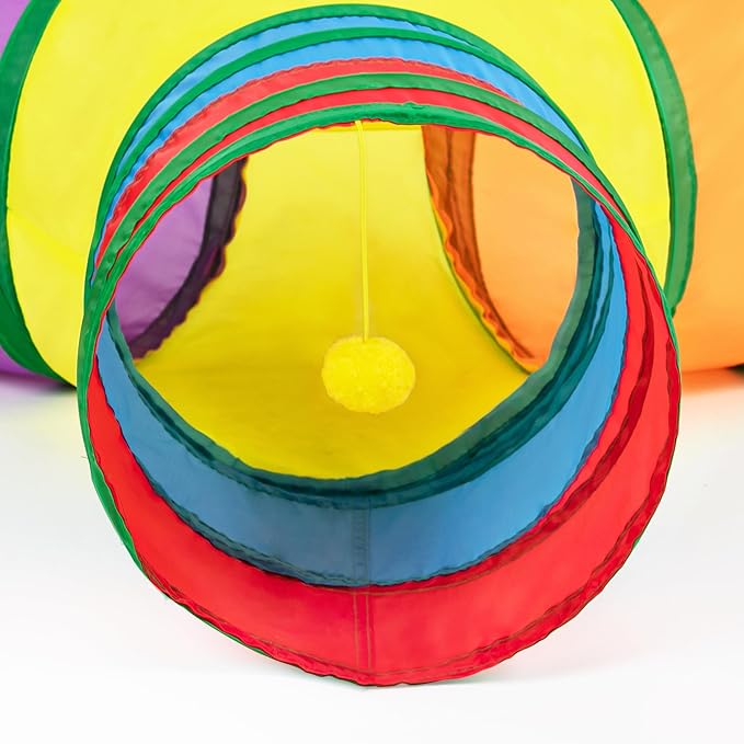 Tempcore Pet Cat Tunnel Collapsible Toy, 3-Way Kitty Tunnel with Peek Hole & Ball - Indoor Play Tube for Cats, Kittens, Puppy, Rabbit, Rabbit Rainbow