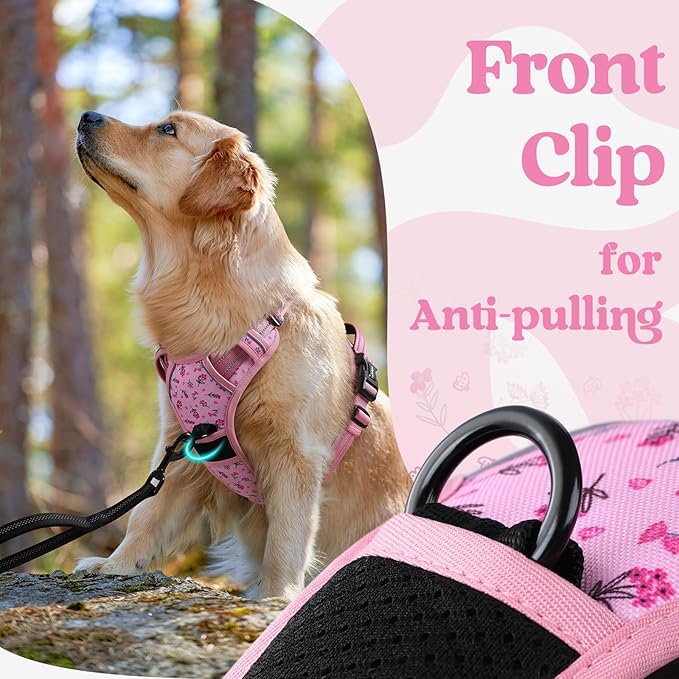 rabbitgoo Dog Harness for Large, No Pull Pet Harness with 3 Buckles, Adjustable Soft Padded Vest with Control Handle, Walking Reflective Pet Vest for Large Dogs, Floral Pink, L