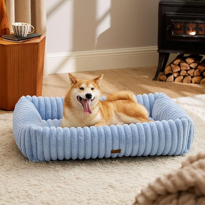 Bedsure ComfyFleece Washable Dog Bed for Large Dogs - Cute Furry Puppy Beds, Rectangle Orthopedic Corduroy Fleece Pet Beds with Removable Zipper Cover, 36x27x8inches, Blue