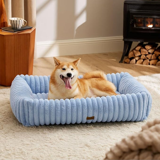 Bedsure ComfyFleece Washable Dog Bed for Large Dogs - Cute Furry Puppy Beds, Rectangle Orthopedic Corduroy Fleece Pet Beds with Removable Zipper Cover, 36x27x8inches, Blue