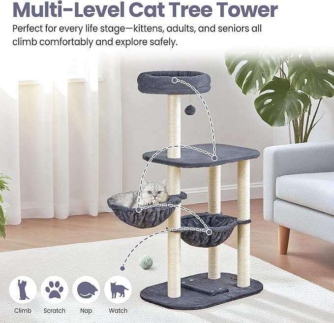 Small Cat Tree Tower with Scratching Post Condo Indoor - 42 Inch Cats Bed Hammock Perch for 2 Corner Cats Large Adult - Medium Short Compact Multi Level Cat House - Tall Climbing Gym Towers Furniture