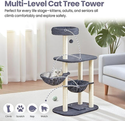 Small Cat Tree Tower with Scratching Post Condo Indoor - 42 Inch Cats Bed Hammock Perch for 2 Corner Cats Large Adult - Medium Short Compact Multi Level Cat House - Tall Climbing Gym Towers Furniture