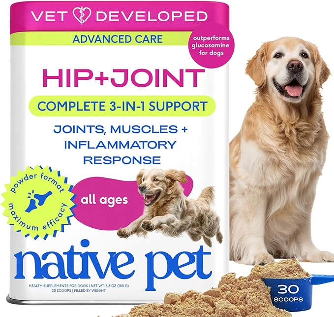 Native Pet Advanced Care - Hip & Joint Supplement for Dogs - Supports Joints, Cartilage, Muscles & Anti-Inflammatory with HMB, UC-II Collagen, Green Lipped Mussel & Hyaluronic Acid - 30 Scoops