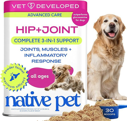 Native Pet Advanced Care - Hip & Joint Supplement for Dogs - Supports Joints, Cartilage, Muscles & Anti-Inflammatory with HMB, UC-II Collagen, Green Lipped Mussel & Hyaluronic Acid - 30 Scoops