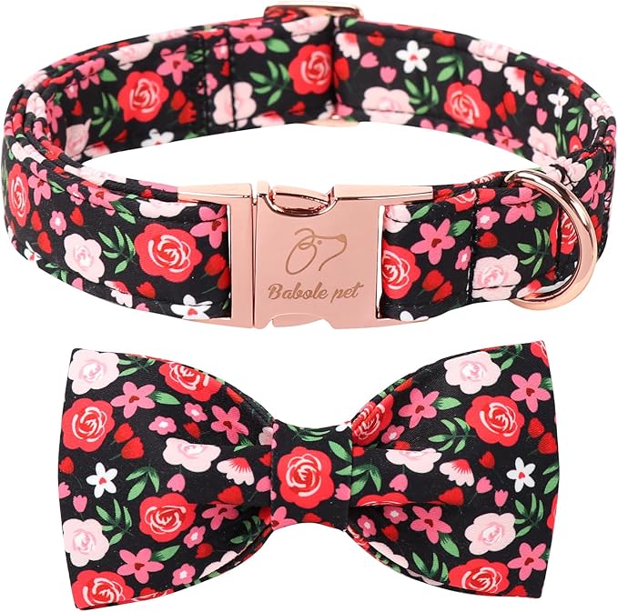 Floral Dog Collar with Bow Tie - Rose Red Wild Flowers Pattern Bowtie Puppy Collar, Adjustable Winter Heavy Duty Dog Collars for Small Medium Large Dogs XL