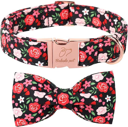 Floral Dog Collar with Bow Tie - Rose Red Wild Flowers Pattern Bowtie Puppy Collar, Adjustable Winter Heavy Duty Dog Collars for Small Medium Large Dogs M