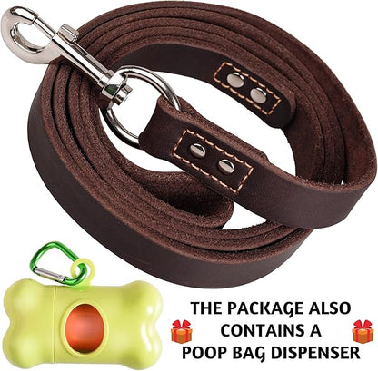 ADITYNA Leather Dog Leash 6 ft x 3/4 inch - Soft, Strong, Heavy Duty for Large & Medium Breeds - Dog Lead for Walking, Training, Hiking and Running (Brown)
