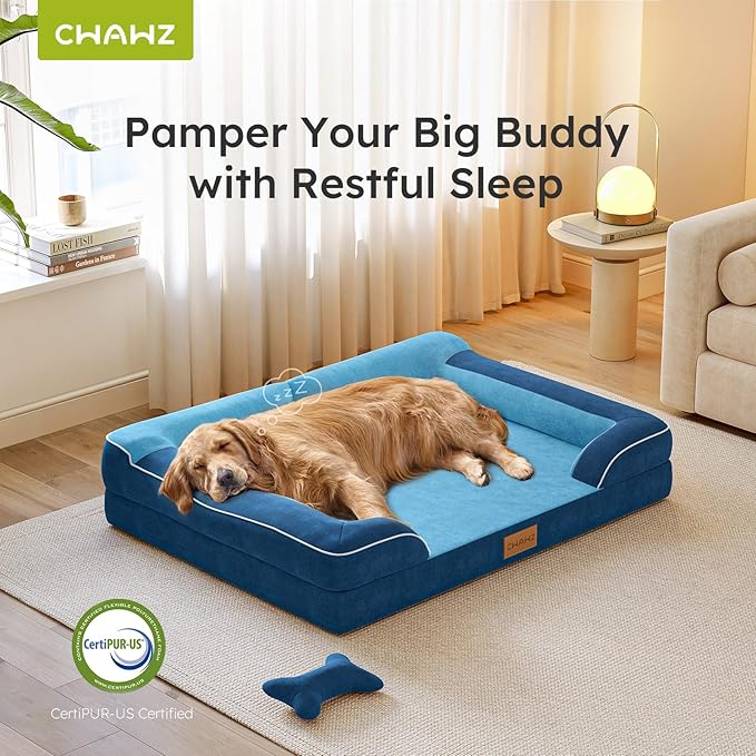 CWAWZ Dog Beds for Large Dogs, Orthopedic Dog Bed with Cooling Gel Memory Foam, Waterproof Large Pet Bed with Removable Washable Cover, 36" Pet Sofa Couch Dutch Velvet with Bone Toy, Navy Blue