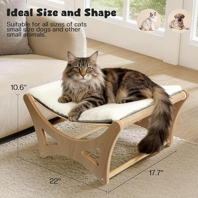 GreenPetopia Cat Hammock Bed, Wooden Elevated Cat Beds with Natural Sisal Scratching Mat, Cats Scratcher Bed with Removable Soft Cushion, Cats Scratching Beds with Wood Frames, 22" L x 17.7" W