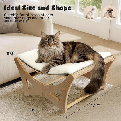 GreenPetopia Cat Hammock Bed, Wooden Elevated Cat Beds with Natural Sisal Scratching Mat, Cats Scratcher Bed with Removable Soft Cushion, Cats Scratching Beds with Wood Frames, 22" L x 17.7" W
