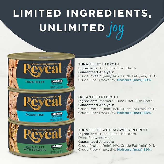 Reveal Natural Wet Canned Cat Food, 3-Flavor Variety Pack, Limited Ingredient, Grain-Free, High Protein with No Artificial Additives, Fish Variety in Broth (12 x 2.47 oz Cans)