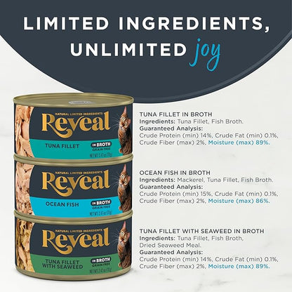 Reveal Natural Wet Canned Cat Food, 3-Flavor Variety Pack, Limited Ingredient, Grain-Free, High Protein with No Artificial Additives, Fish Variety in Broth (12 x 2.47 oz Cans)