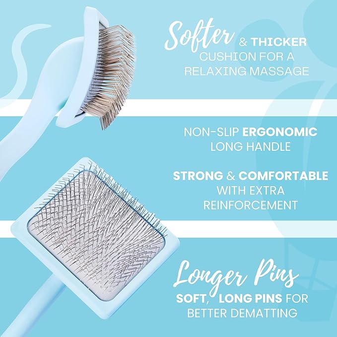 Pet Slicker Brush With Soft Massage Grooming Stainless Steel Pins - For Dematting, Shedding Fur, and Undercoat - Ideal Gift for Professional Pet Groomers - Long Slicker Brush (Blue, Curved Large)