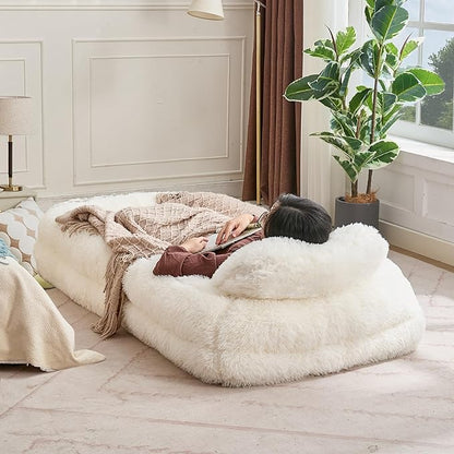 KEIKI 69" Human Dog Bed for Adults, Plush Faux Fur Giant Dog Bed with Adjustable Recliner Function, Foldable Nest Sofa with Pillows for Bedroom or Living Room, Beige