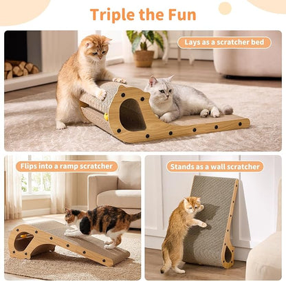ZOMISIA 2 in 1 Cat Scratcher Bed for Indoor Cats, Large Cardboard Scratching Pad with Bell Ball Toy for Kitty As Scratch Lounge Couch with Double-Sided Usability