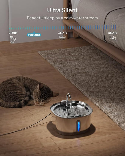 PEKTACO Stainless Steel Cat Water Fountain, 3.2L/108oz Cat Water Dispenser with Quiet Water Pump and Water-Level Window, Dishwasher Safe Pet Drinking Fountain for Cats with 3 Filters + 3 Sponges