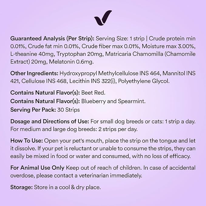 Vitricion Pet Calming Oral Strips for Dogs and Cats – 30 Strips, Fast-Acting Anxiety Support Supplement with Melatonin and L-Theanine, Natural Support for Travel, Thunder, Grooming – Blueberry Mint