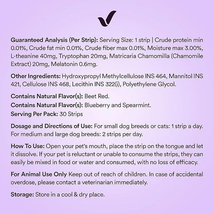 Vitricion Pet Calming Oral Strips for Dogs and Cats – 30 Strips, Fast-Acting Anxiety Support Supplement with Melatonin and L-Theanine, Natural Support for Travel, Thunder, Grooming – Blueberry Mint
