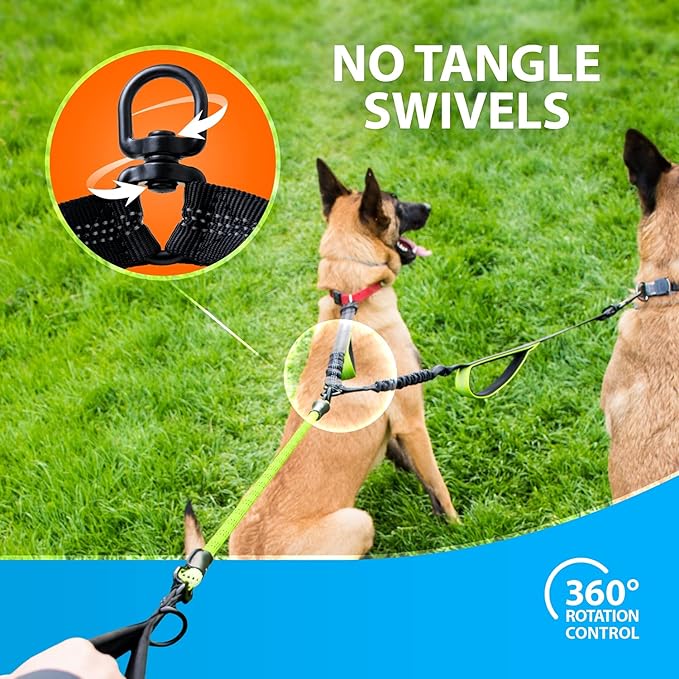 SparklyPets Double Dog Leash for 2 Dogs – Rope Bungee Dual Leash for Medium and Large Breeds with Padded Handles & Tangle Free (Green, Medium/Large)