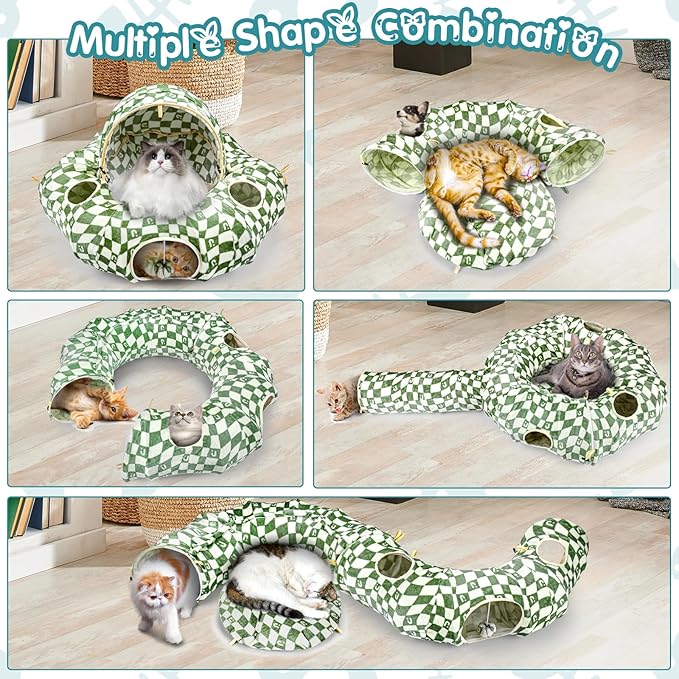 OUHOU Cat Bed and Tunnel Toy - Cat Donut with Straight Tunnel, Washable Cushion, 4 Hanging Balls, 6 Peek Holes, Collapsible, Green