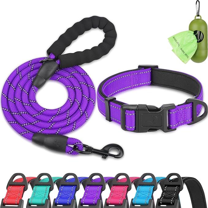 Dynmeow Reflective Dog Collar and Leash Set, 6FT Strong Climbing Rope Leash with Padded Handle, Adjustable Pet Collar with Soft Neoprene Padding for Large Dogs, Purple, L