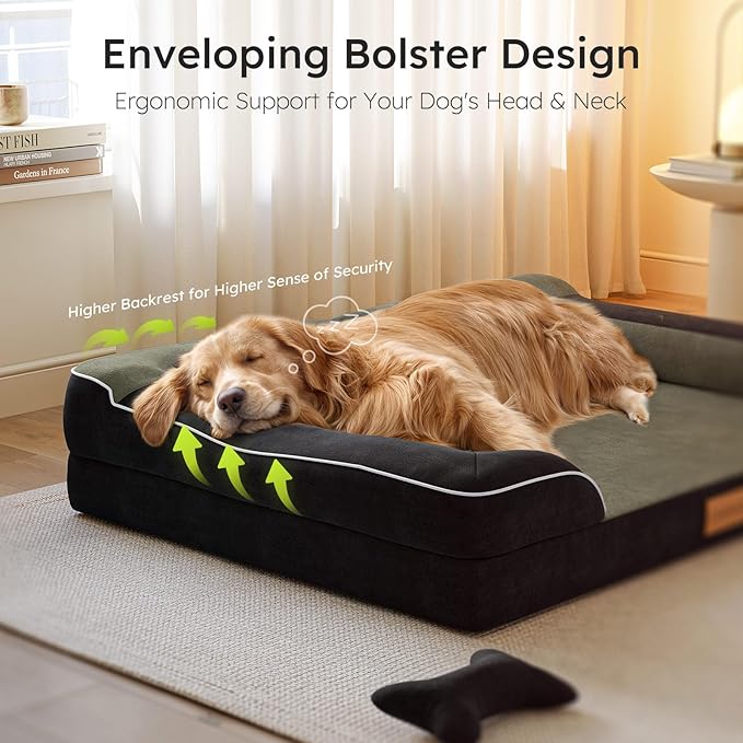 CWAWZ XXL Dog Bed for Extra Large Dogs, Giant Orthopedic Dog Bed with Cooling Gel Memory Foam, Waterproof Pet Bed with Removable Washable Cover, 53" Pet Sofa Bed Dutch Velvet with Bone Toy, Black