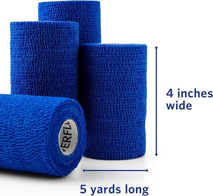 PowerFlex Equine – Extra Strong Self-Adhering Bandage Wrap – Wound Care, Compression & Support Bandage for Horses, Cows & Dogs – Blue, 4 inch, 4 Rolls (Resealable Case)