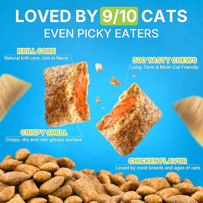 Cat Allergy Relief Chews, 500 Crunchy & Krill Core with Omega-3 Probiotic for Cats, Immunity Supports Seasonal Itching Paw Licking & Scratching Itchy Skin & Coat Support for All Breeds Chicken Flavor