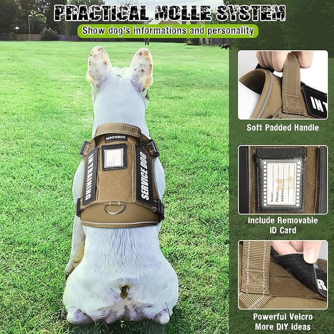 MOOGROU Tactical Dog Harness and Leash Set Small Sized Dog,Heavy Duty No Pull Service Dog Vest and 10 Patches with Dog Seat Belt,Reflective Adjustable Pet Harness for Training Walking Hiking Brown S