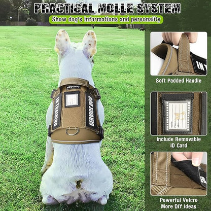 MOOGROU Tactical Dog Harness and Leash Set Small Sized Dog,Heavy Duty No Pull Service Dog Vest and 10 Patches with Dog Seat Belt,Reflective Adjustable Pet Harness for Training Walking Hiking Brown S