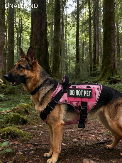 Tactical Dog Harness for Large and XL Breeds, Air Dog Vest No Pull with Reflective Do Not Pet Patches, Breathable Dog Molle Vests for Training Walking Hunting Camo Pink