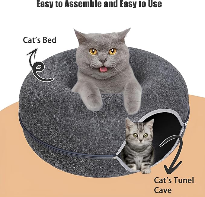 ZVGV Tunnel Bed for Indoor,cattasaurus Peekaboo cat cave for Multiple,Detachable Felt Felt Washable Interior for Indoor Cats,Donut Tunnel -24inch(Light Gray) (Light Gray + Dark Gray)
