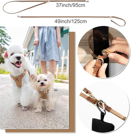 Puppytie No Pull xs Dog Harness with Multifunction Dog Leash,Soft Adjustable No Choke Escape Proof Pet Harness Vest,Denim Mocha Brown,XXS