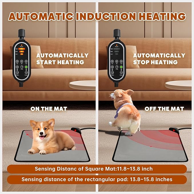 Orznez Pet Heating Pad for Cats & Dogs,Safe Electric Cat Warming Pad with Chew Resistant Cord,Automatic Induction Heated Cat Bed,Adjustable Temperature & Time (Camel, 17.7" x 17.7")