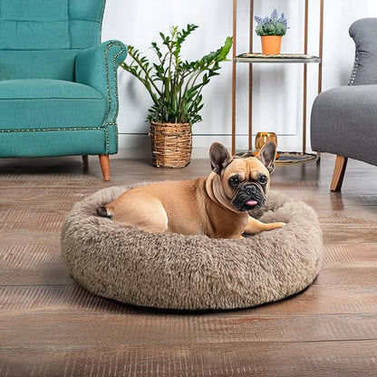 PetAmi Calming Dog Bed for Small & Medium Dogs and Cats, 23” Round Donut Dog Bed, Washable Fluffy Faux Fur Puppy & Cat Bed, Anti-Anxiety Plush Cuddler Pet Bed with Anti-Slip Bottom - Taupe