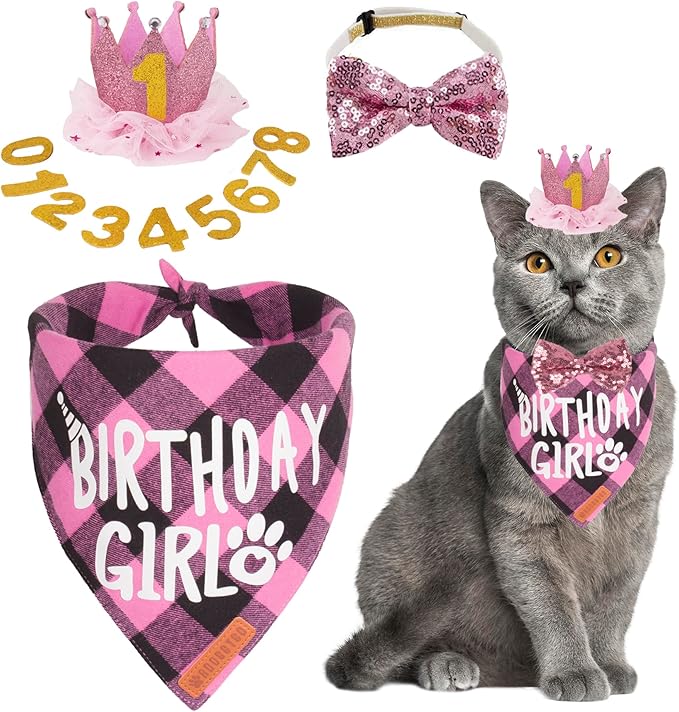 ADOGGYGO Cat Birthday Party Supplies, Birthday Girl Plaid Kitten Bandana, Pink Cat Party Hat with Numbers, Bowtie (Pink)