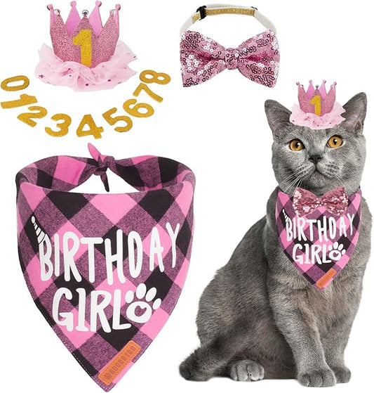 ADOGGYGO Cat Birthday Party Supplies, Birthday Girl Plaid Kitten Bandana, Pink Cat Party Hat with Numbers, Bowtie (Pink)