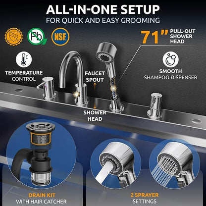 KANIS Professional Dog Washing Station - 304 Stainless Steel Pet Wash Sink & Grooming Bathtub w/Shower, Floor Grates and Storage for Large, Medium & Small Pets (40, Black 1 Drawer - Right RAMP)