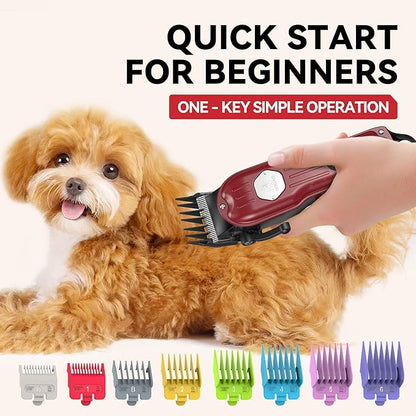 Dog Grooming Kit for Heavy Thick Hair & Coats, Low Noise Trimmer, Rechargeable Cordless Pet Shaver With Stainless Steel Blade, Clippers for Small Large Dogs Pets (Red)