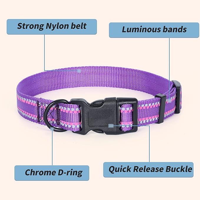 Mile High Life Reflective Dog Collar, Basic Dog Collars Adjustable Quick Release, Soft Nylon Pet Collar with Metal D-Ring for Small Medium Large Dogs (Purple, XS Neck9-13")