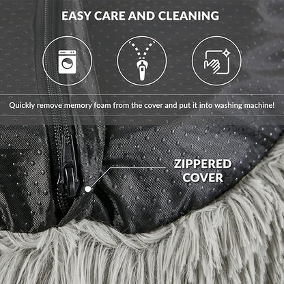 Friends Forever Serena Donut Memory Foam Orthopedic Dog Bed, Soft Faux Fur Oval Cat Couch For Indoor Pet, Fluffy Calming Plush Shag, Round Raised Bolster Cushion, Machine Washable Cuddler, Grey