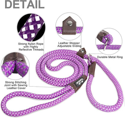 TwoEar 6FT Slip Lead Dog Leash, Heavy Duty Slip Leash for Dogs with Highly Reflective, Strong Rope Slip Leads No Pull Pet Training Leashes for Large Medium Dogs (1/2", Purple)