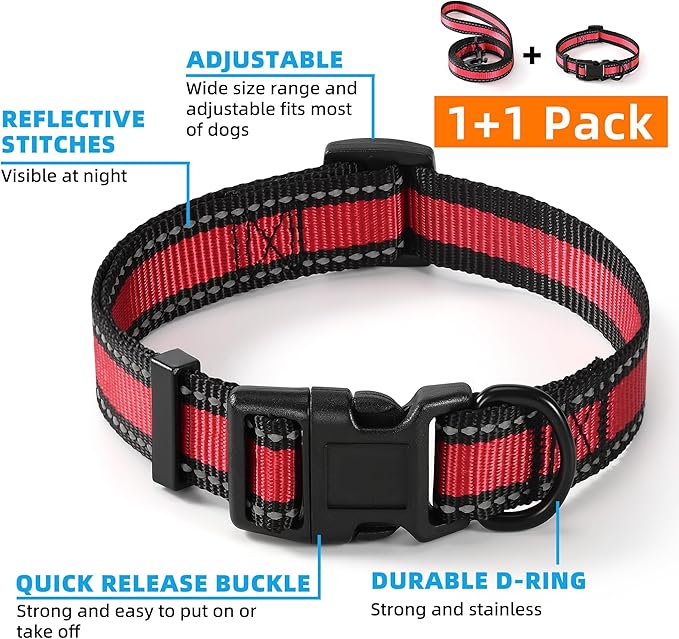 Mile High Life Reflective Dog Collar & Leash - Adjustable (Red, Large Pack of 2)