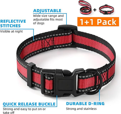Mile High Life Reflective Dog Collar & Leash - Adjustable (Red, Large Pack of 2)
