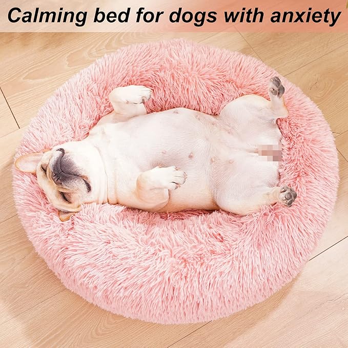 Calming Donut Dogs Beds for Small Dogs Washable,19inch Fluffy Round Puppy Bed for Puppies,Cats & Toy Breeds with Raised Rim,Fits up to 15 lbs Pets,Pink