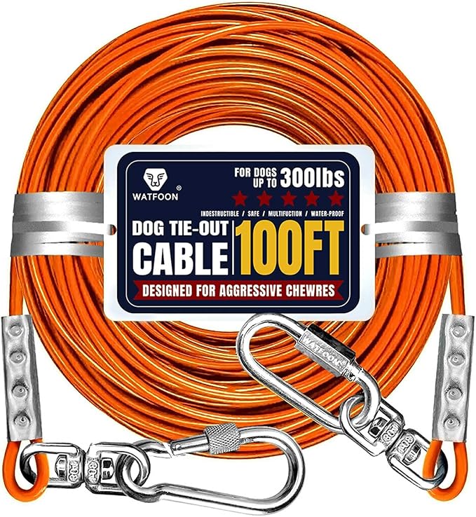 Tie Out Cable for Dogs Up to 300lbs,100ft Extra Strong 1000lbs Break Strength Tie-Out Tether Trolley Training Lead,Dog Run Cable for Yard Garden Park Camping Outside (Orange, 300lbs 100ft)