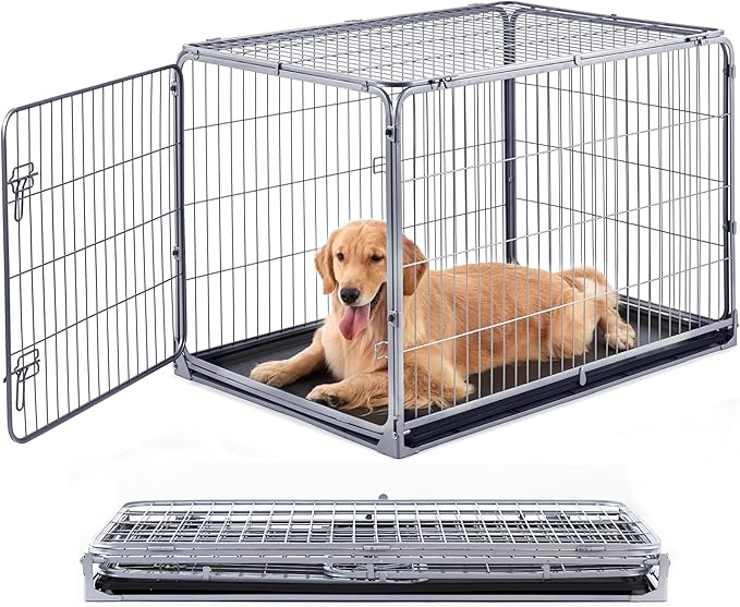 ZOMISIA Foldable Dog Crate for Large Dogs - 42 inch Escape-Proof Metal Kennel with Double Door, Easy Assembly Collapsible Cage with Removable Tray, Indoor Outdoor Use, Silver Gray