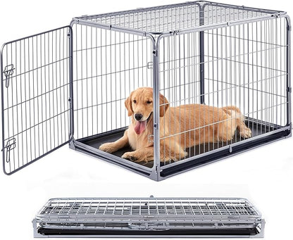 ZOMISIA Foldable Dog Crate for Large Dogs - 42 inch Escape-Proof Metal Kennel with Double Door, Easy Assembly Collapsible Cage with Removable Tray, Indoor Outdoor Use, Silver Gray